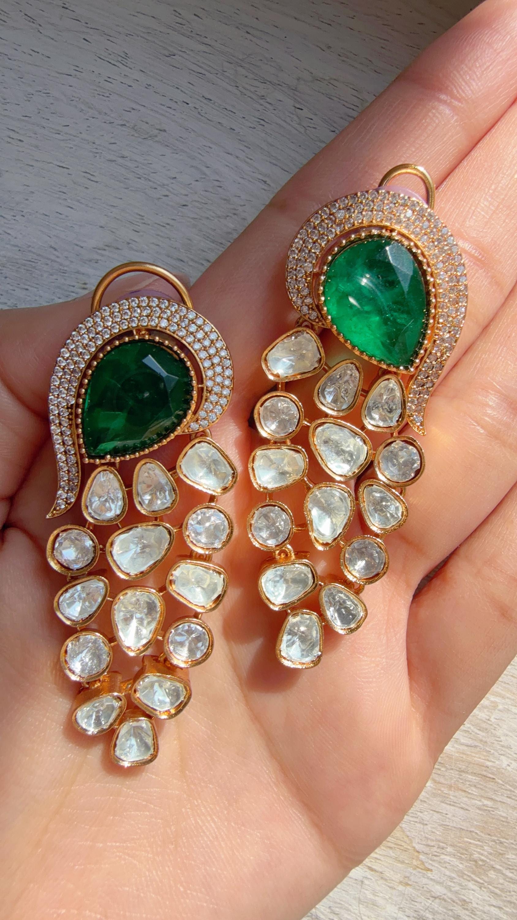 Sabyasachi-Inspired Moissanite kundan danglers Green Earrings/Elegant Statement Jewelry/Moissanite Earrings/Bridal Diamond