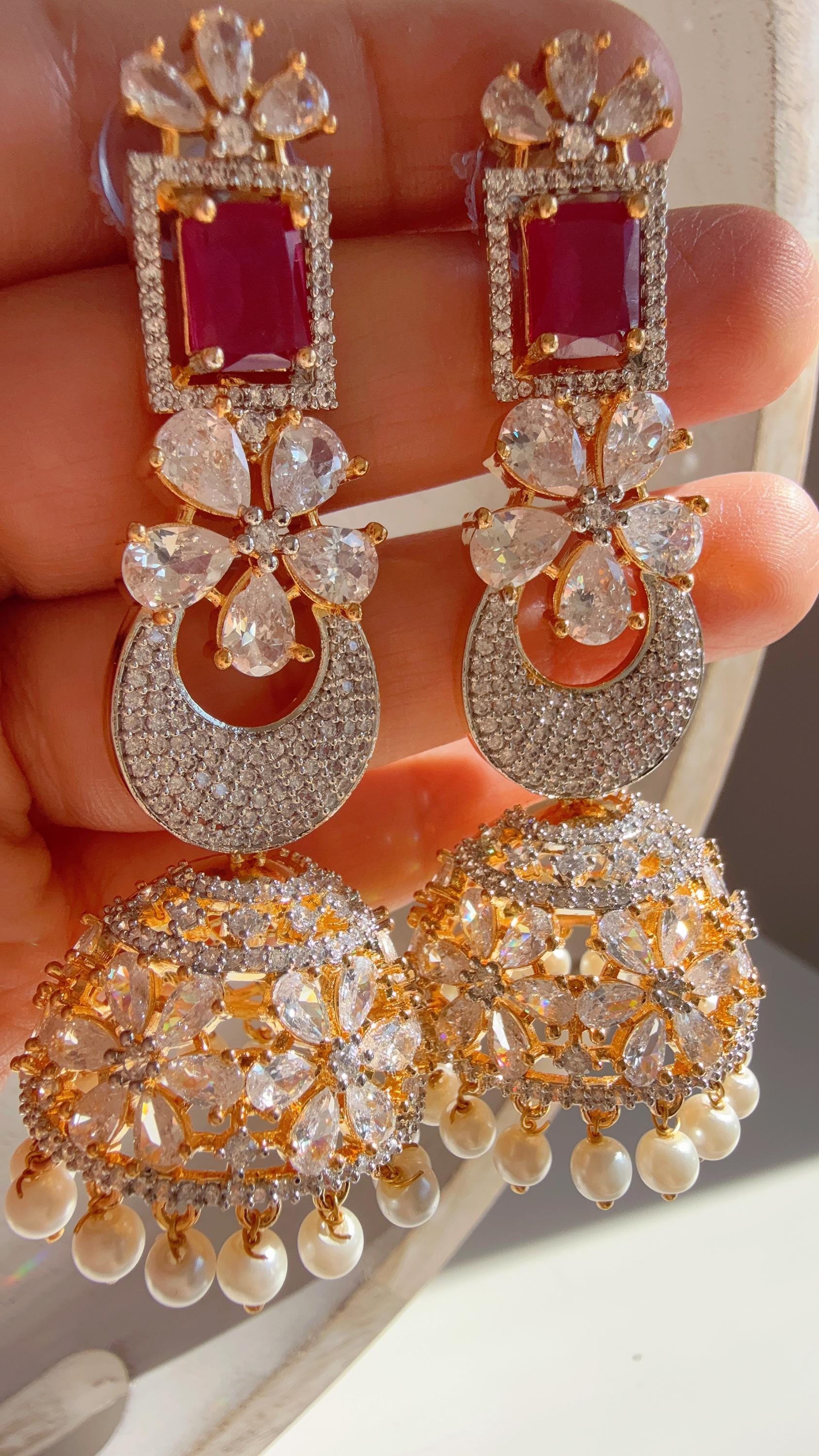 Anaya 2 Tone Chand diamond Ruby jhumka Earrings next to real/Indian Jewelry Indian Earrings/American Diamond jhumka/CZ Earrings