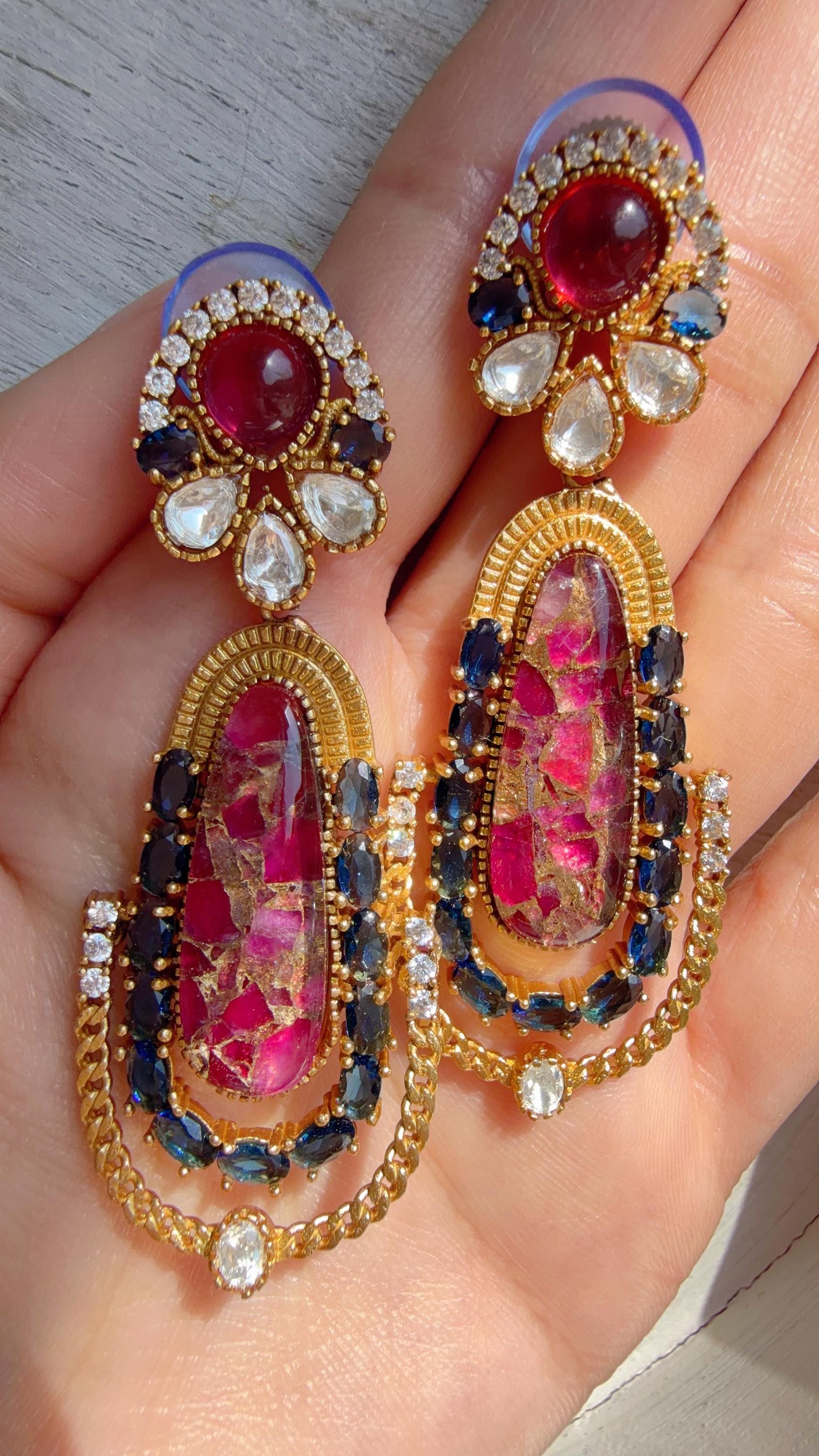 Kiran Sabyasachi-Inspired Moissanite Navy and Pink Earrings/Elegant Statement Jewelry/ Moissanite Multi Earrings/Bridal Diamond earrings