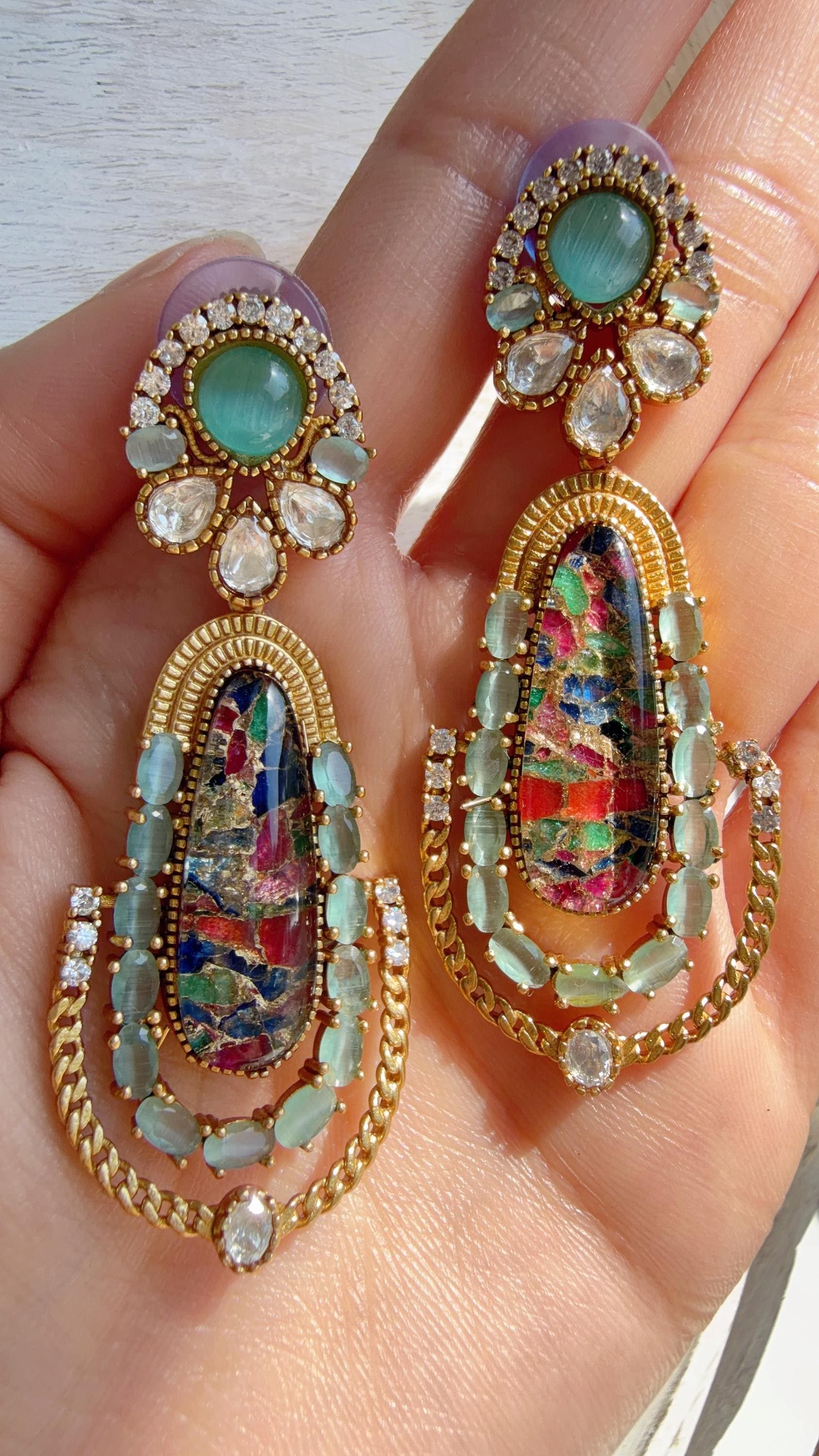 Kiran Sabyasachi-Inspired Moissanite Firoza Multi Earrings/Elegant Statement Jewelry/ Moissanite Multi Earrings/Bridal Diamond earrings