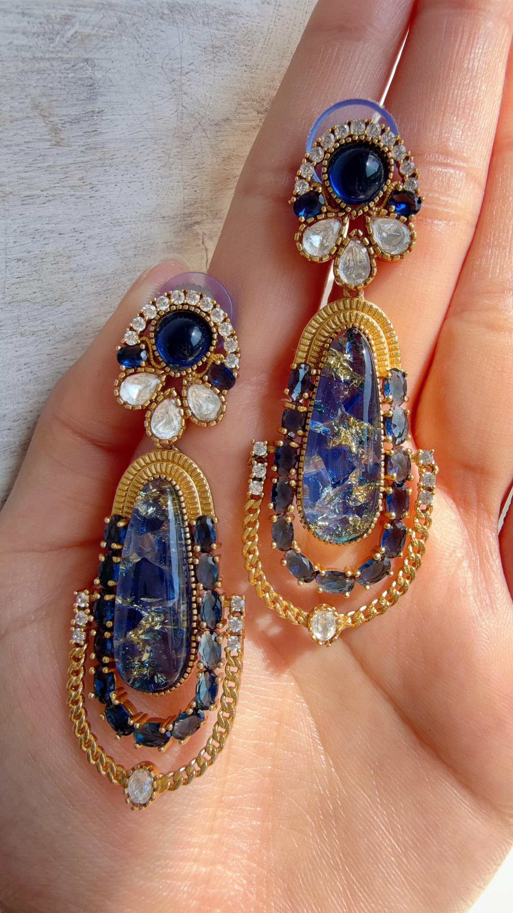 Kiran Sabyasachi-Inspired Moissanite Navy Blue Earrings/Elegant Statement Jewelry/ Moissanite Multi Earrings/Bridal Diamond earrings