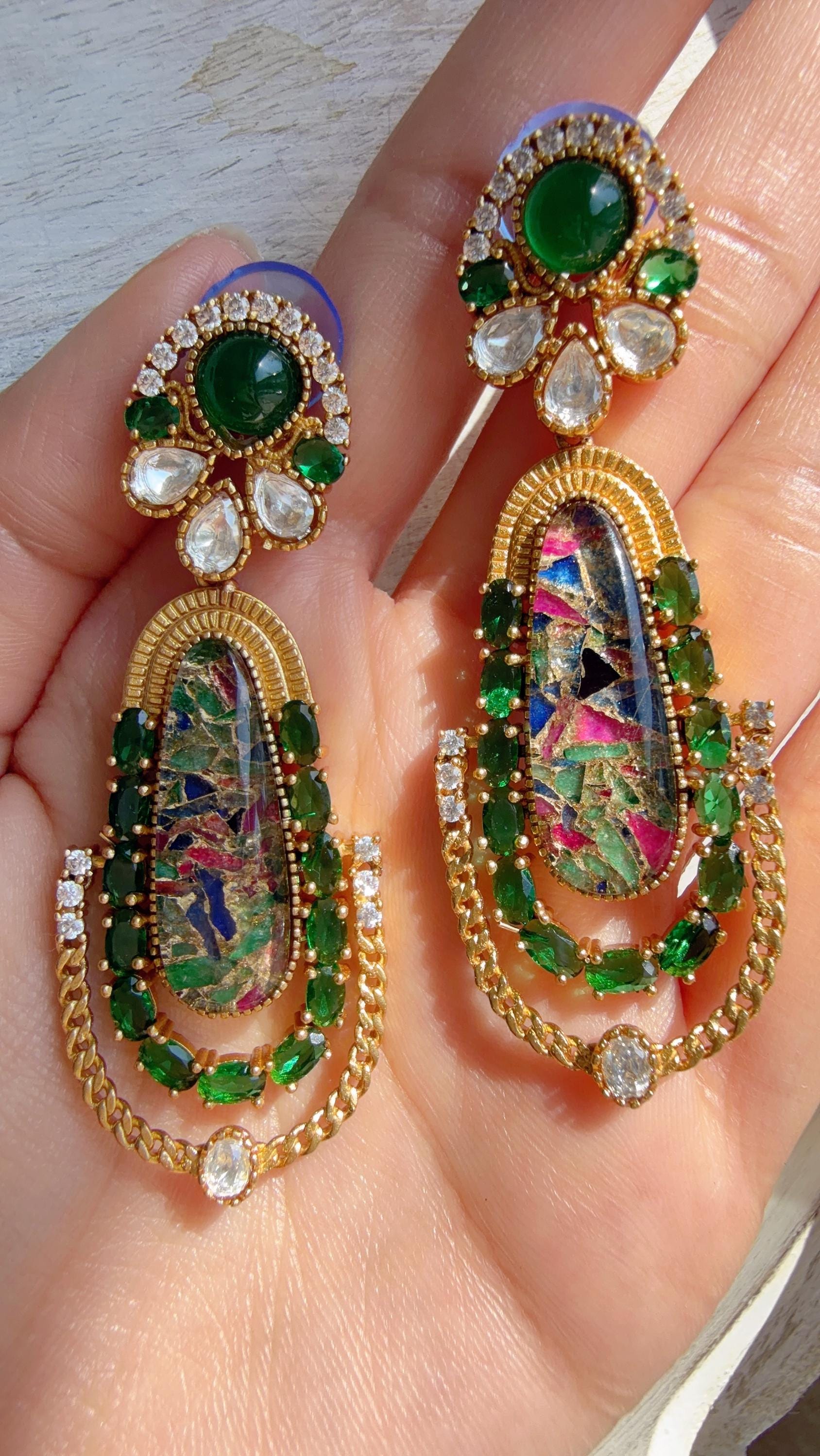 Kiran Sabyasachi-Inspired Moissanite Emerald Green Earrings/Elegant Statement Jewelry/ Moissanite Multi Earrings/Bridal Diamond earrings