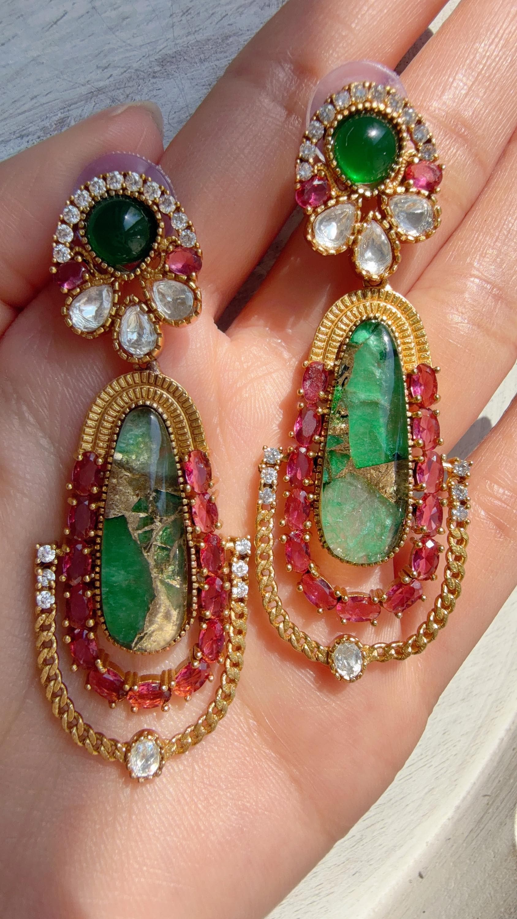 Kiran Sabyasachi-Inspired Moissanite Ruby Green Earrings/Elegant Statement Jewelry/ Moissanite Multi Earrings/Bridal Diamond earrings