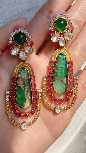 Kiran Sabyasachi-Inspired Moissanite Ruby Green Earrings/Elegant Statement Jewelry/ Moissanite Multi Earrings/Bridal Diamond earrings