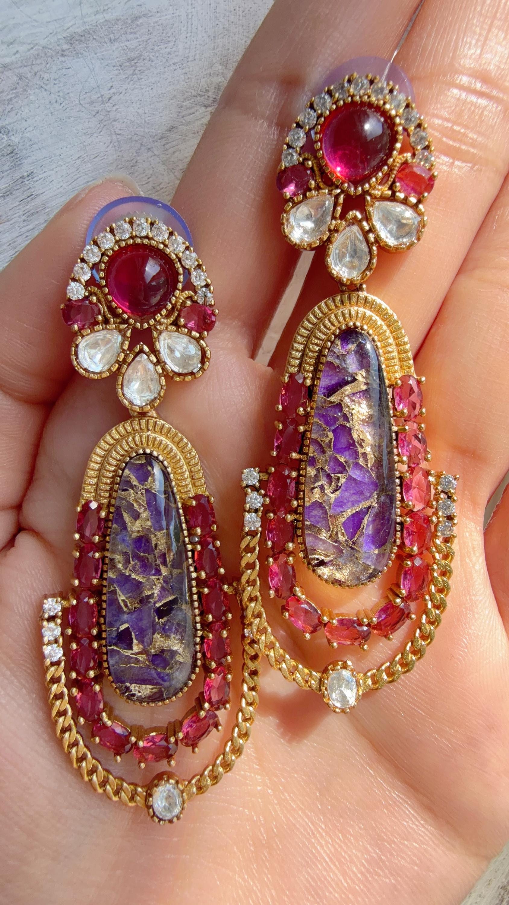Kiran Sabyasachi-Inspired Moissanite Ruby Purple Earrings/Elegant Statement Jewelry/Moissanite Multi Earrings/Bridal Diamond earrings