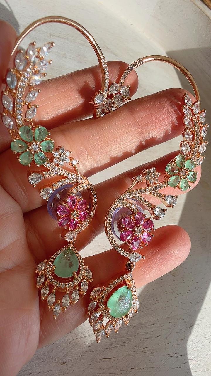 Diamond Earcuff Mint doublet Jhumkas/ear cuff jhumka / Mint Ruby Jhumkas /Indian wedding jewelry