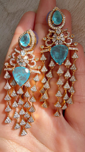 Moissanite kundan Firoza Earrings / American Diamond Earrings/ Statement doublet Danglers//Bridal Chandelier Earrings - Naina
