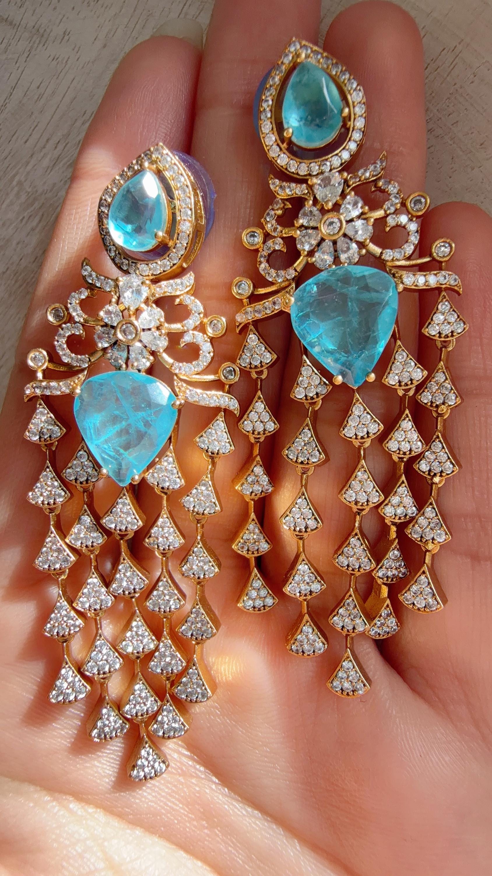 Moissanite kundan Firoza Earrings / American Diamond Earrings/ Statement doublet Danglers//Bridal Chandelier Earrings - Naina