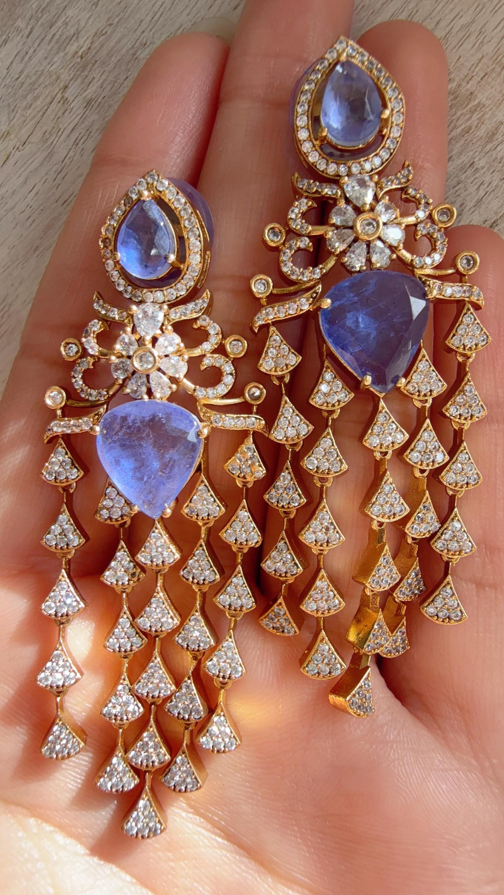 Moissanite kundan Purple Earrings / American Diamond Earrings/ Statement doublet Danglers//Bridal Chandelier Earrings - Naina