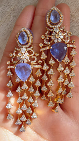 Moissanite kundan Purple Earrings / American Diamond Earrings/ Statement doublet Danglers//Bridal Chandelier Earrings - Naina
