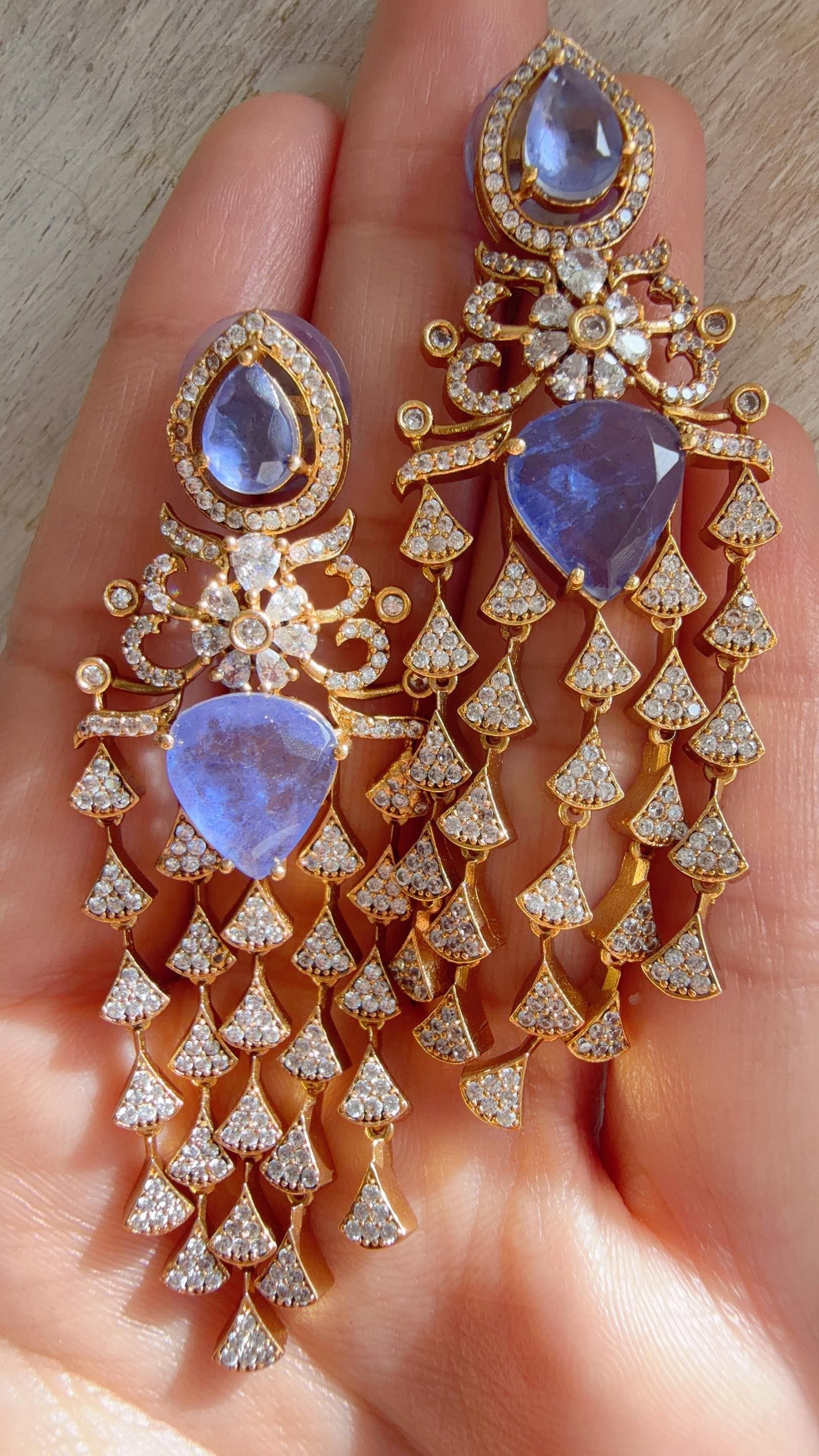 Moissanite kundan Purple Earrings / American Diamond Earrings/ Statement doublet Danglers//Bridal Chandelier Earrings - Naina