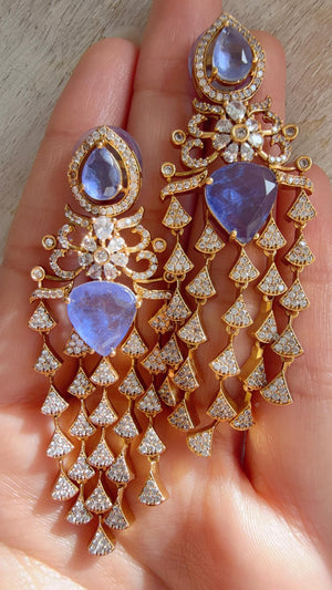Moissanite kundan Purple Earrings / American Diamond Earrings/ Statement doublet Danglers//Bridal Chandelier Earrings - Naina