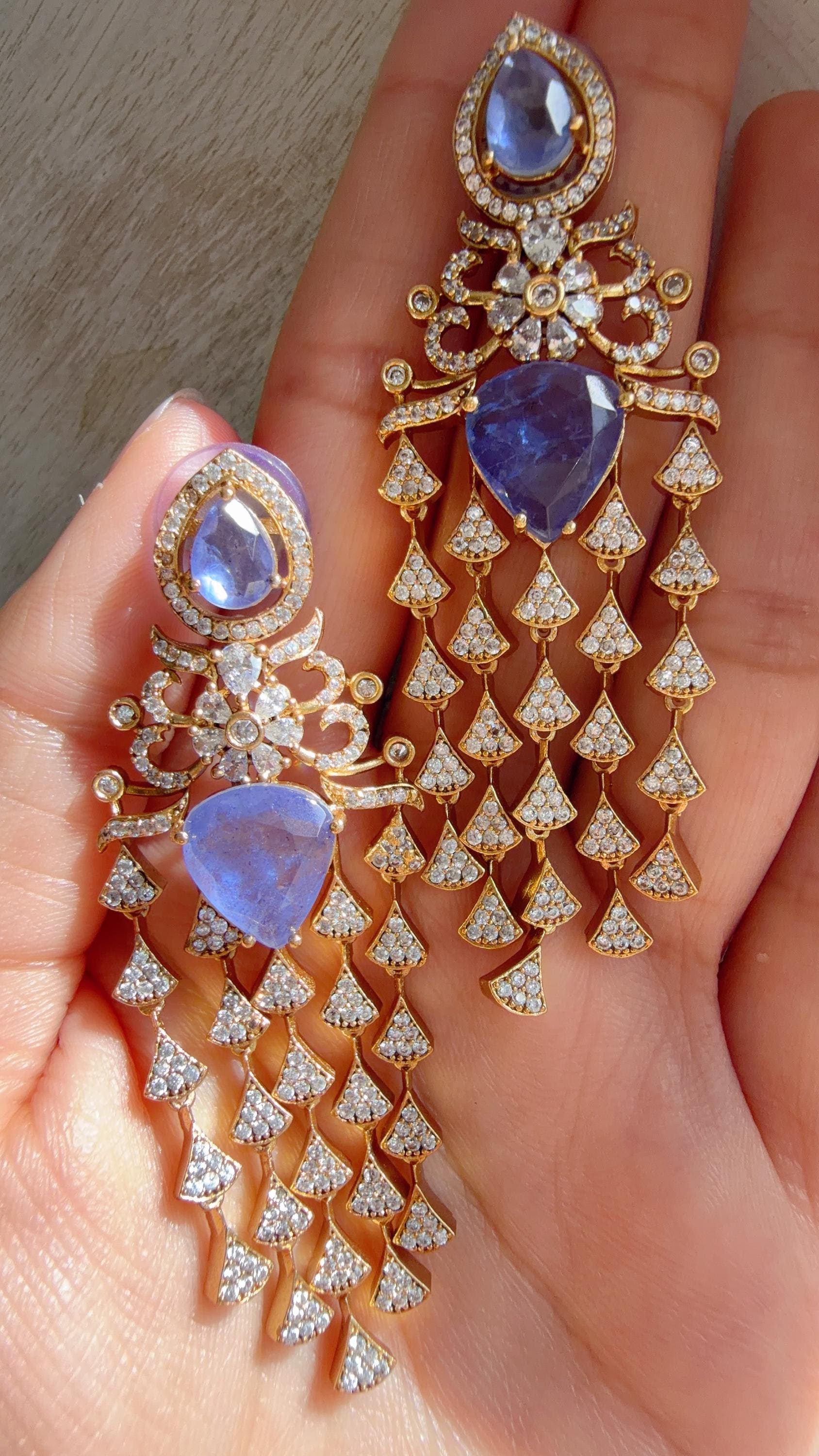 Moissanite kundan Purple Earrings / American Diamond Earrings/ Statement doublet Danglers//Bridal Chandelier Earrings - Naina