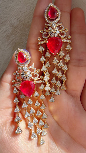 Moissanite kundan Ruby Earrings / American Diamond Earrings/ Statement doublet Danglers//Bridal Chandelier Earrings - Naina