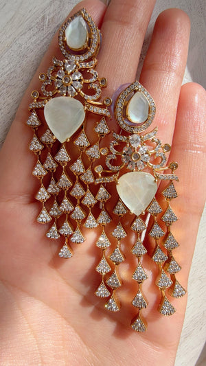 Moissanite kundan Earrings / American Diamond Earrings/ Statement doublet Danglers//Bridal Chandelier Earrings - Naina