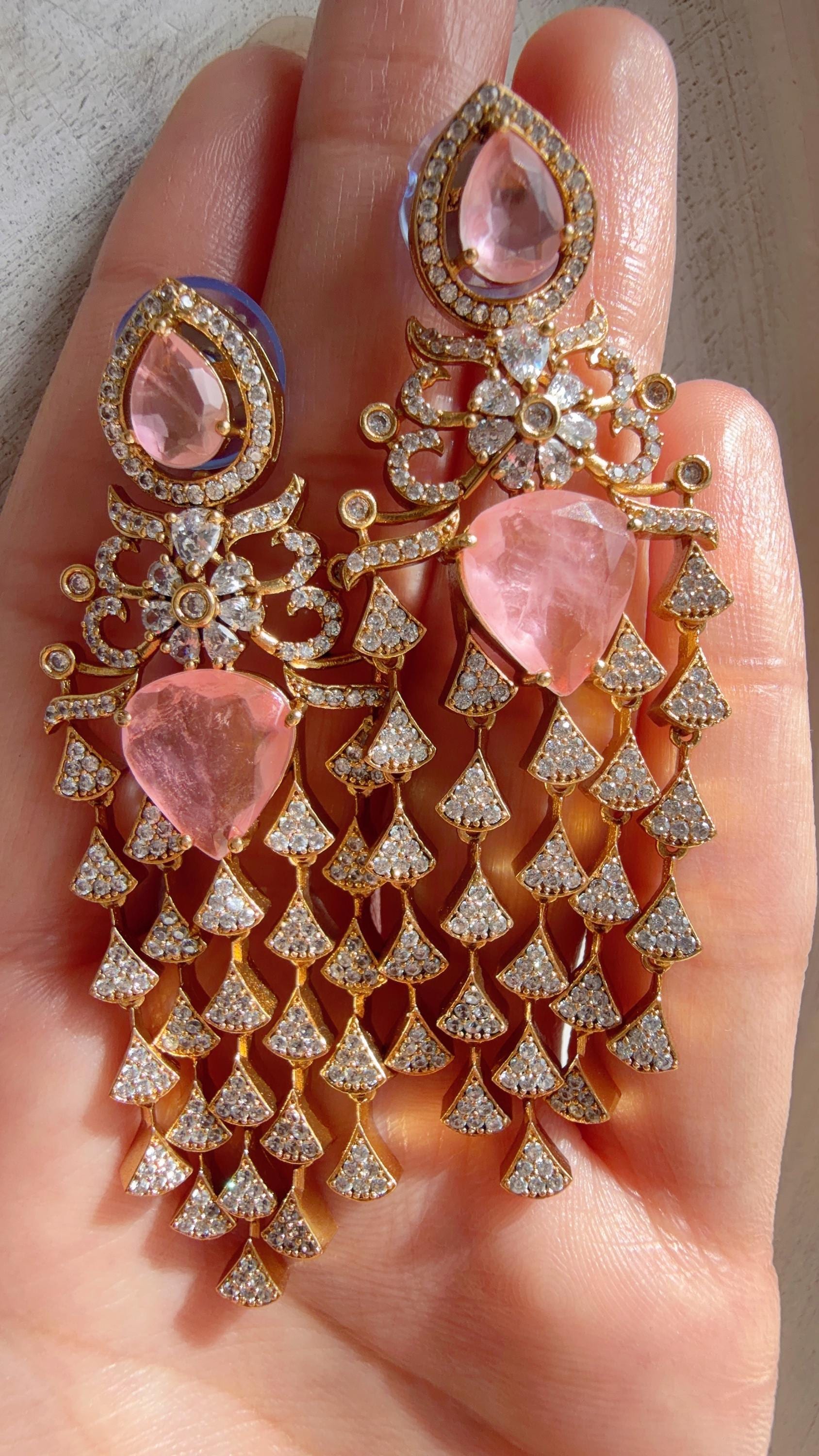 Moissanite kundan Baby Pink Earrings / American Diamond Earrings/ Statement doublet Danglers//Bridal Chandelier Earrings - Naina