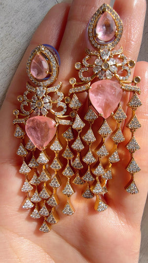 Moissanite kundan Baby Pink Earrings / American Diamond Earrings/ Statement doublet Danglers//Bridal Chandelier Earrings - Naina