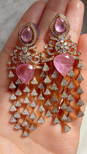 Moissanite kundan Pink Earrings / American Diamond Earrings/ Statement doublet Danglers//Bridal Chandelier Earrings - Naina