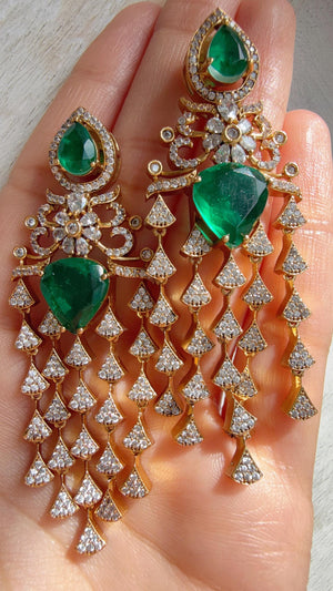 Moissanite kundan Green Earrings / American Diamond Earrings/ Statement doublet Danglers//Bridal Chandelier Earrings - Naina