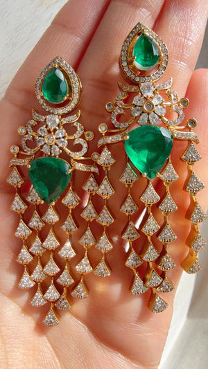 Moissanite kundan Green Earrings / American Diamond Earrings/ Statement doublet Danglers//Bridal Chandelier Earrings - Naina