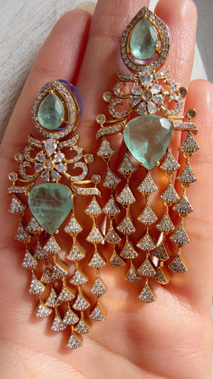 Moissanite kundan Mint Earrings / American Diamond Earrings/ Statement doublet Danglers//Bridal Chandelier Earrings - Naina