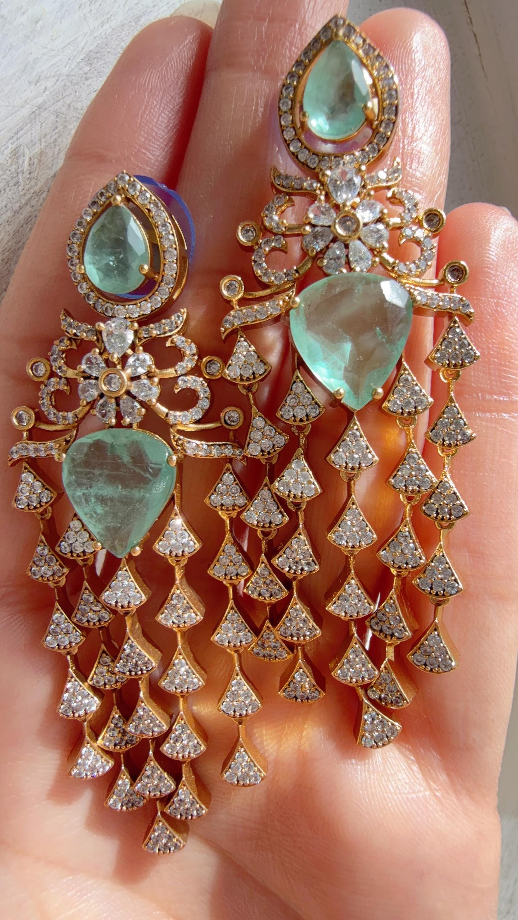 Moissanite kundan Mint Earrings / American Diamond Earrings/ Statement doublet Danglers//Bridal Chandelier Earrings - Naina