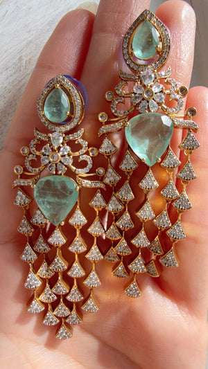 Moissanite kundan Mint Earrings / American Diamond Earrings/ Statement doublet Danglers//Bridal Chandelier Earrings - Naina