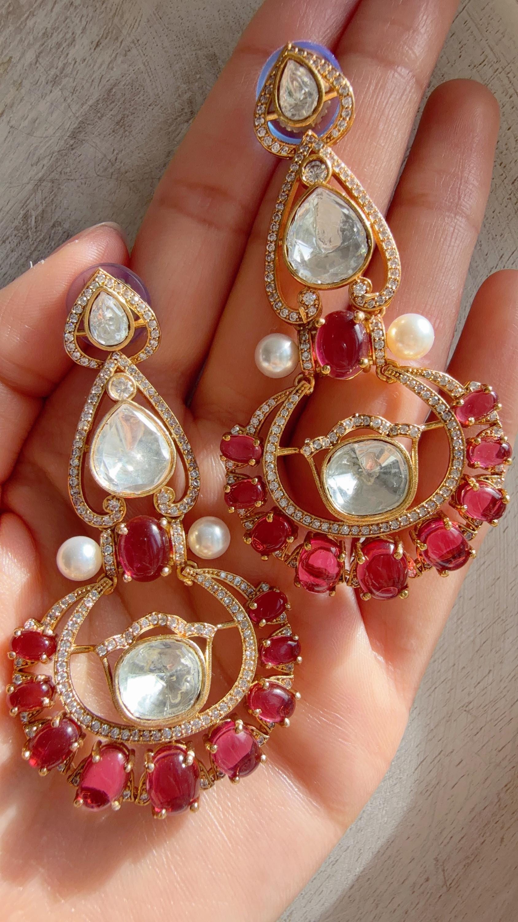 Moissanite kundan Ruby Earrings / American Diamond chandbali Earrings/ Statement Leopard Danglers//Bridal Chandelier Earrings/Pia
