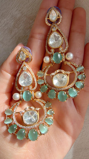 Moissanite kundan Mint Earrings / American Diamond chandbali Earrings/ Statement Leopard Danglers//Bridal Chandelier Earrings/Pia