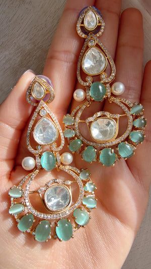 Moissanite kundan Mint Earrings / American Diamond chandbali Earrings/ Statement Leopard Danglers//Bridal Chandelier Earrings/Pia