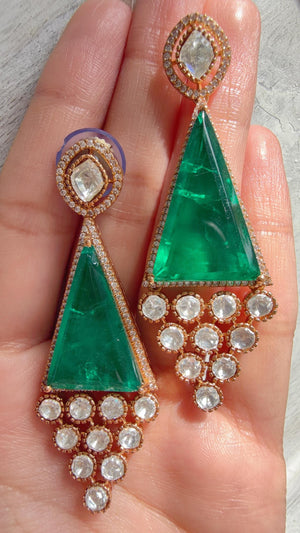 Geometric Pyramid Diamond Green Earrings /American Diamond chandbali Earrings/Statement Danglers/Bridal Chandelier Earrings/
