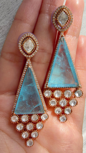 Geometric Pyramid Diamond Firoza Earrings /American Diamond chandbali Earrings/Statement Danglers/Bridal Chandelier Earrings/