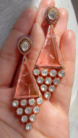 Geometric Pyramid Diamond Baby Pink Earrings /American Diamond chandbali Earrings/Statement Danglers/Bridal Chandelier Earrings/