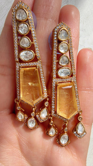Moissanite Kundan Dangler Yellow Earrings /American Diamond Doublet Earrings/Statement Danglers/Bridal Chandelier Earrings/Navi