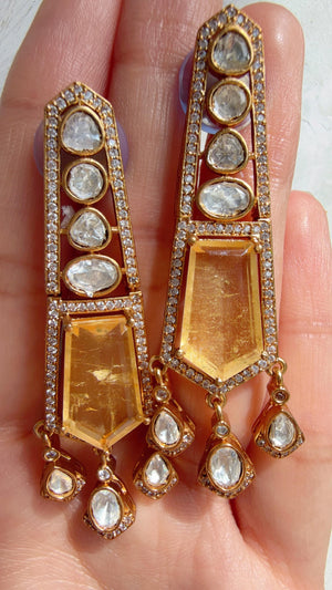 Moissanite Kundan Dangler Yellow Earrings /American Diamond Doublet Earrings/Statement Danglers/Bridal Chandelier Earrings/Navi