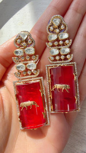 Moissanite Kundan Dangler Ruby Earrings /American Diamond Doublet Leopard Earrings/Statement Danglers/Bridal Chandelier Earrings/Tanvi