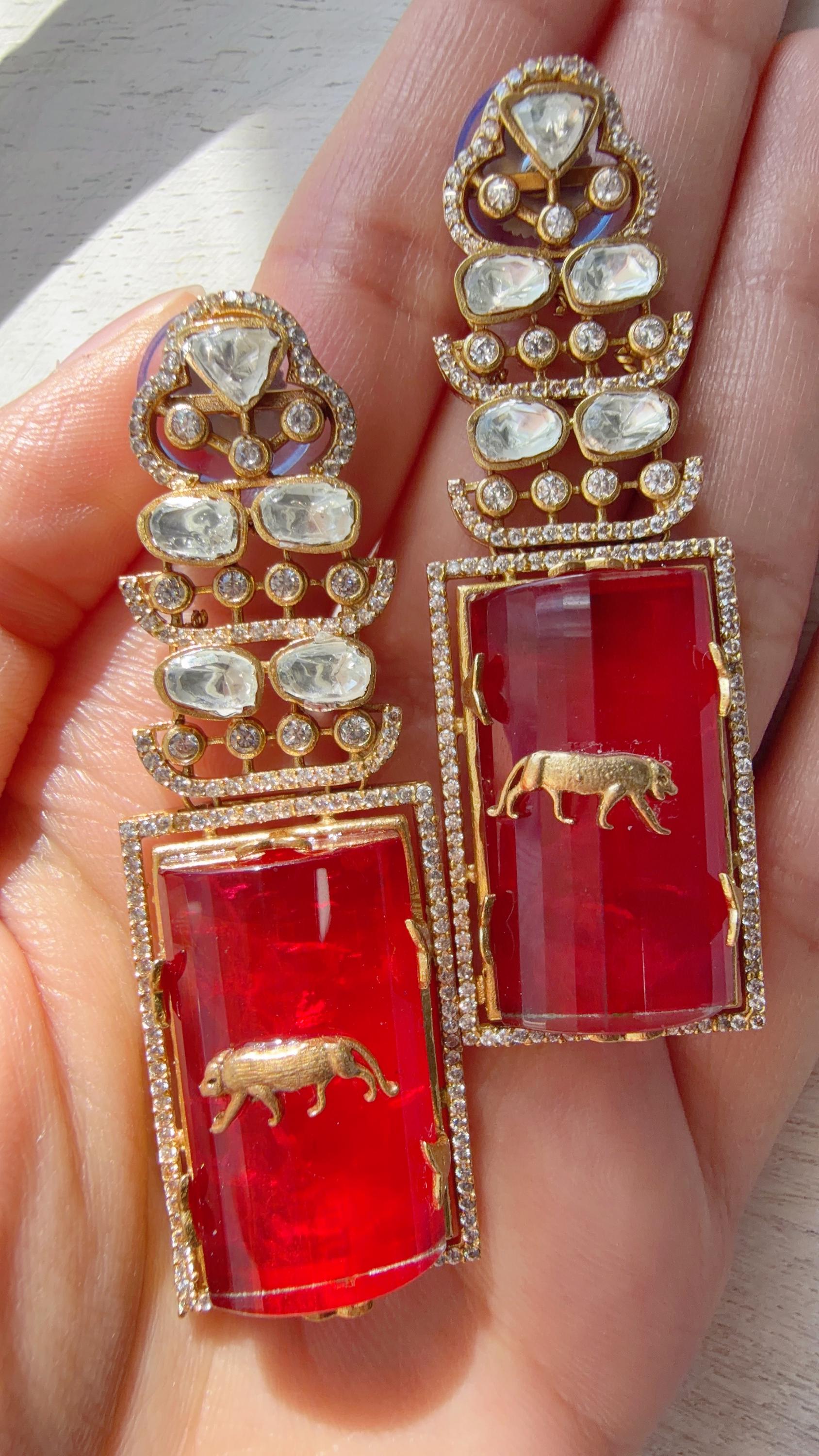 Moissanite Kundan Dangler Ruby Earrings /American Diamond Doublet Leopard Earrings/Statement Danglers/Bridal Chandelier Earrings/Tanvi