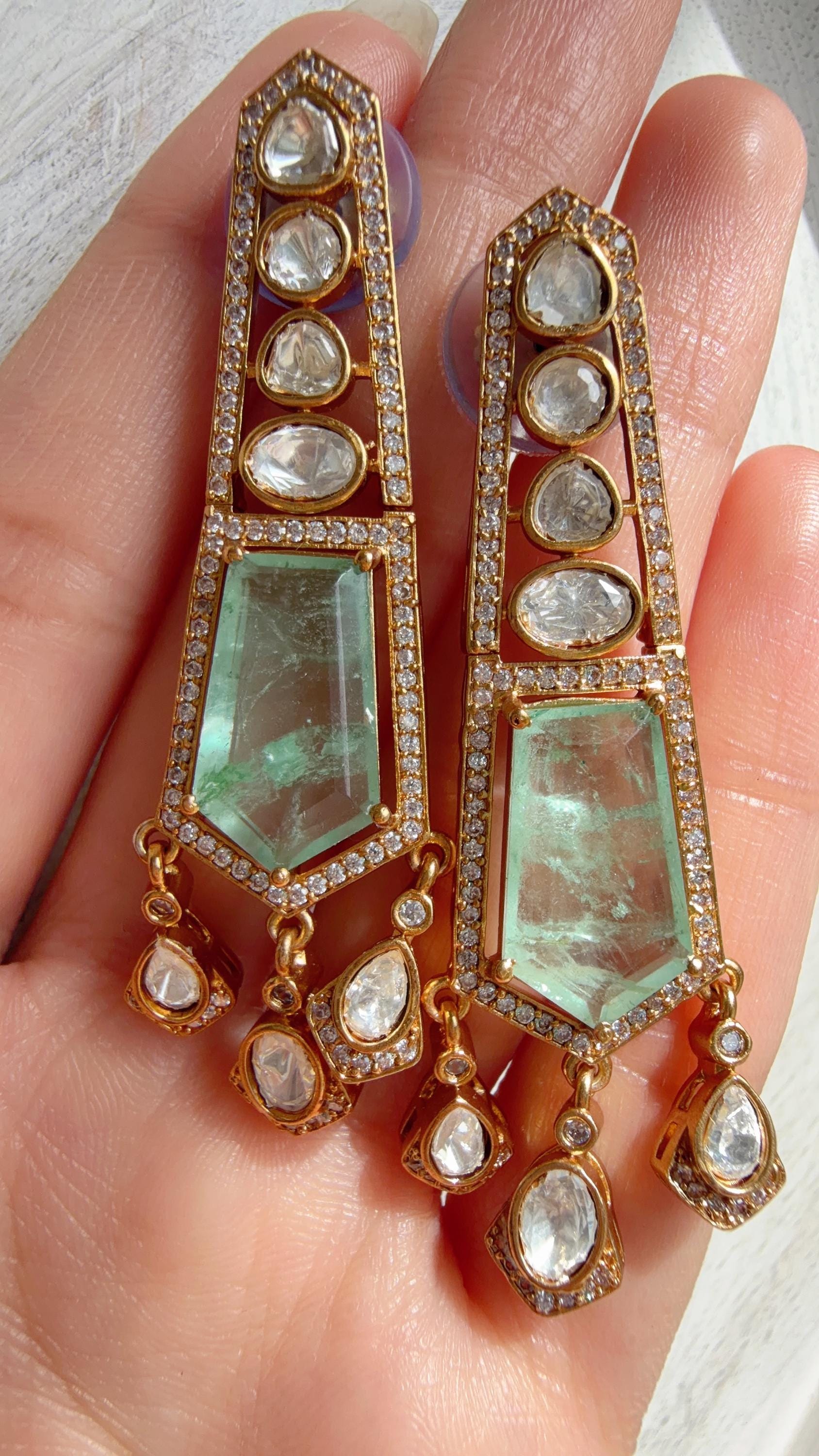Moissanite Kundan Dangler Mint Earrings /American Diamond Doublet Earrings/Statement Danglers/Bridal Chandelier Earrings/Navi