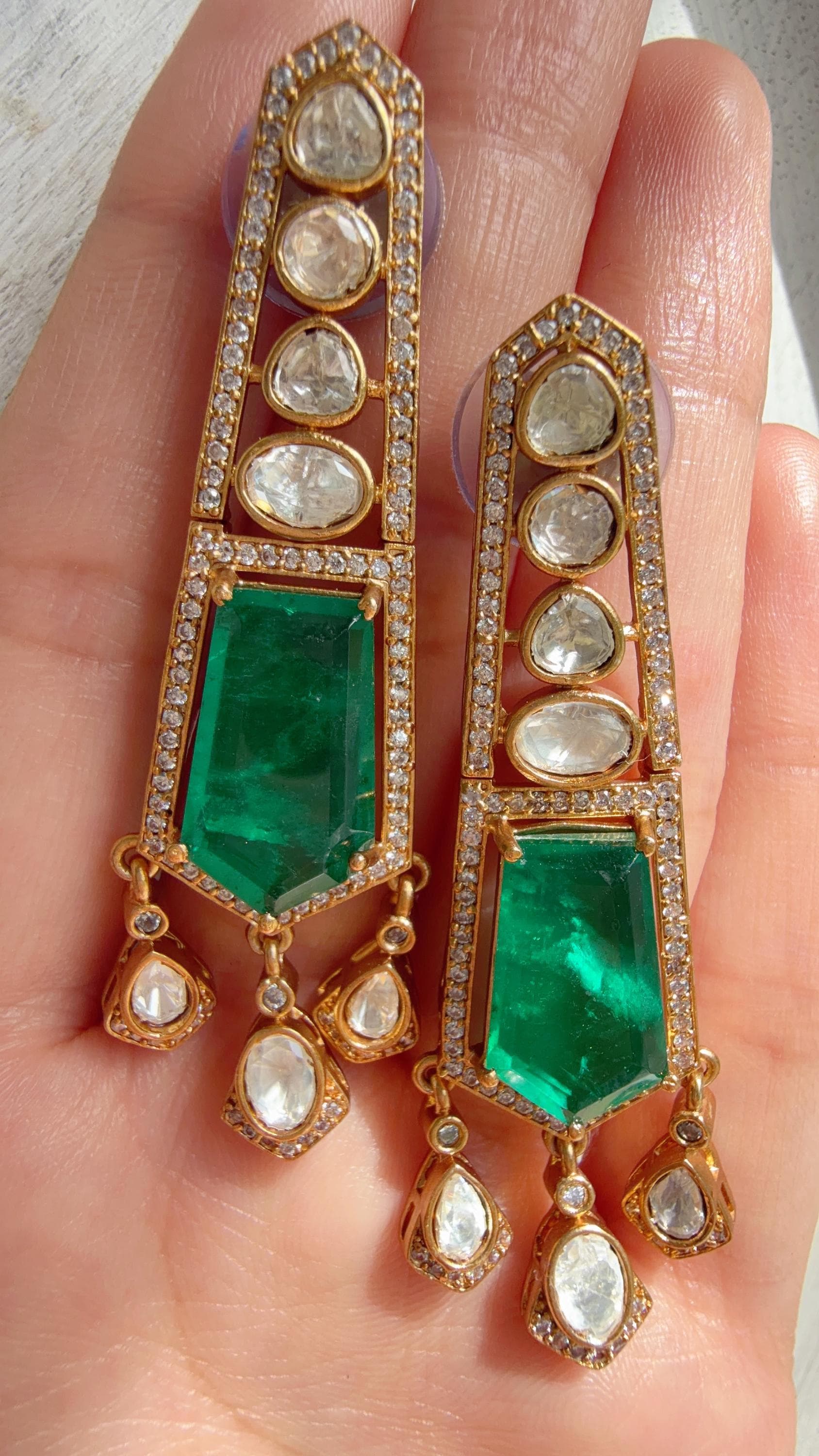 Moissanite Kundan Dangler Green Earrings /American Diamond Doublet Earrings/Statement Danglers/Bridal Chandelier Earrings/Navi