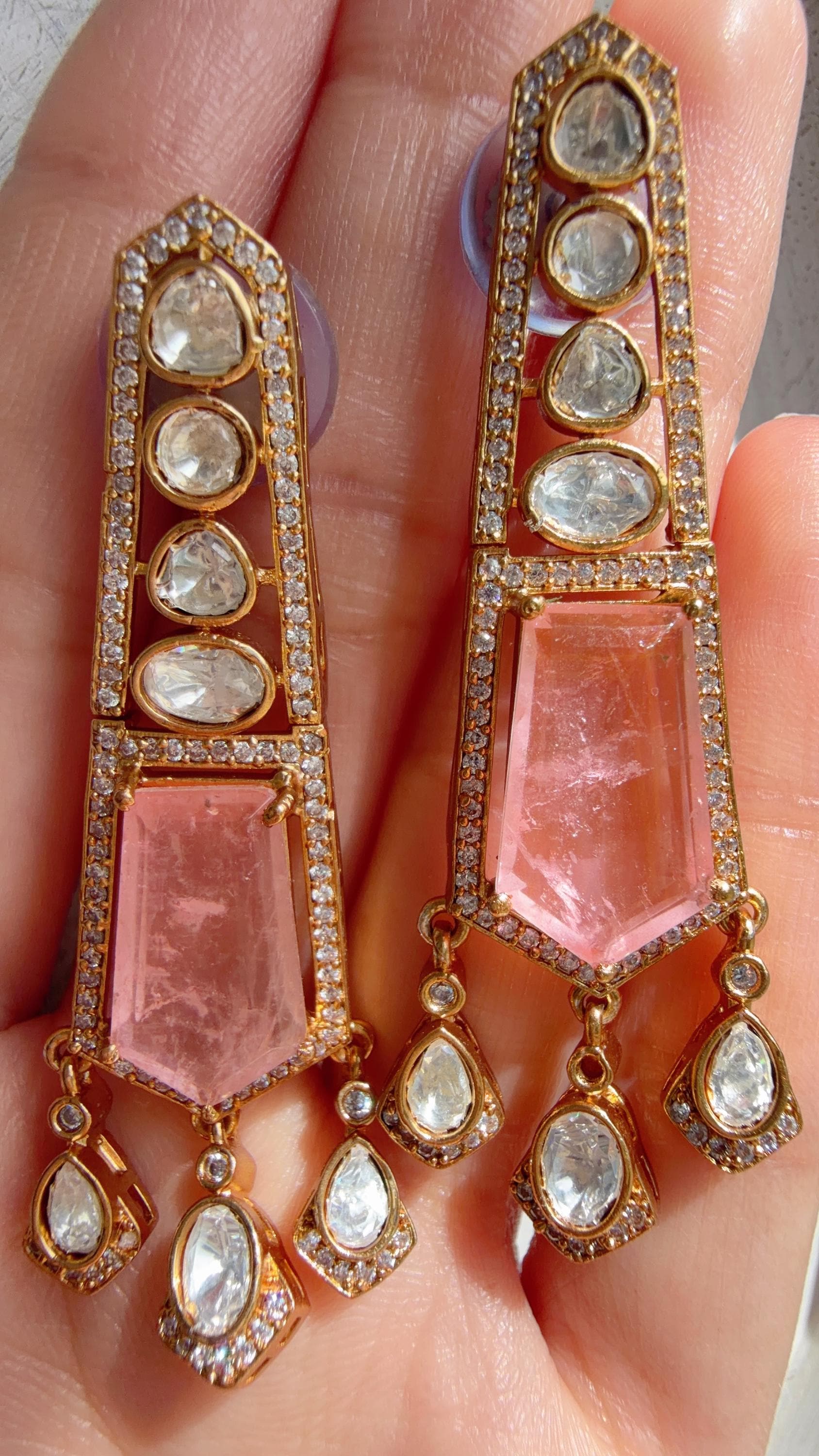 Moissanite Kundan Dangler Baby Pink Earrings /American Diamond Doublet Earrings/Statement Danglers/Bridal Chandelier Earrings/Navi