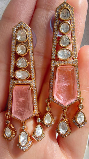 Moissanite Kundan Dangler Baby Pink Earrings /American Diamond Doublet Earrings/Statement Danglers/Bridal Chandelier Earrings/Navi