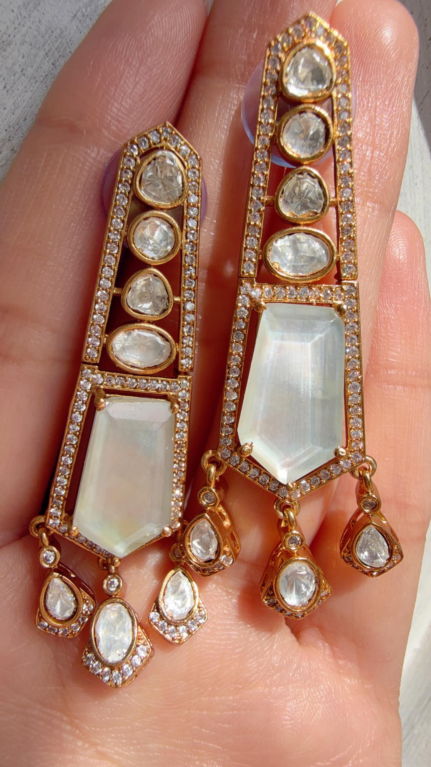 Moissanite Kundan Dangler Earrings /American Diamond Doublet Earrings/Statement Danglers/Bridal Chandelier Earrings/Navi