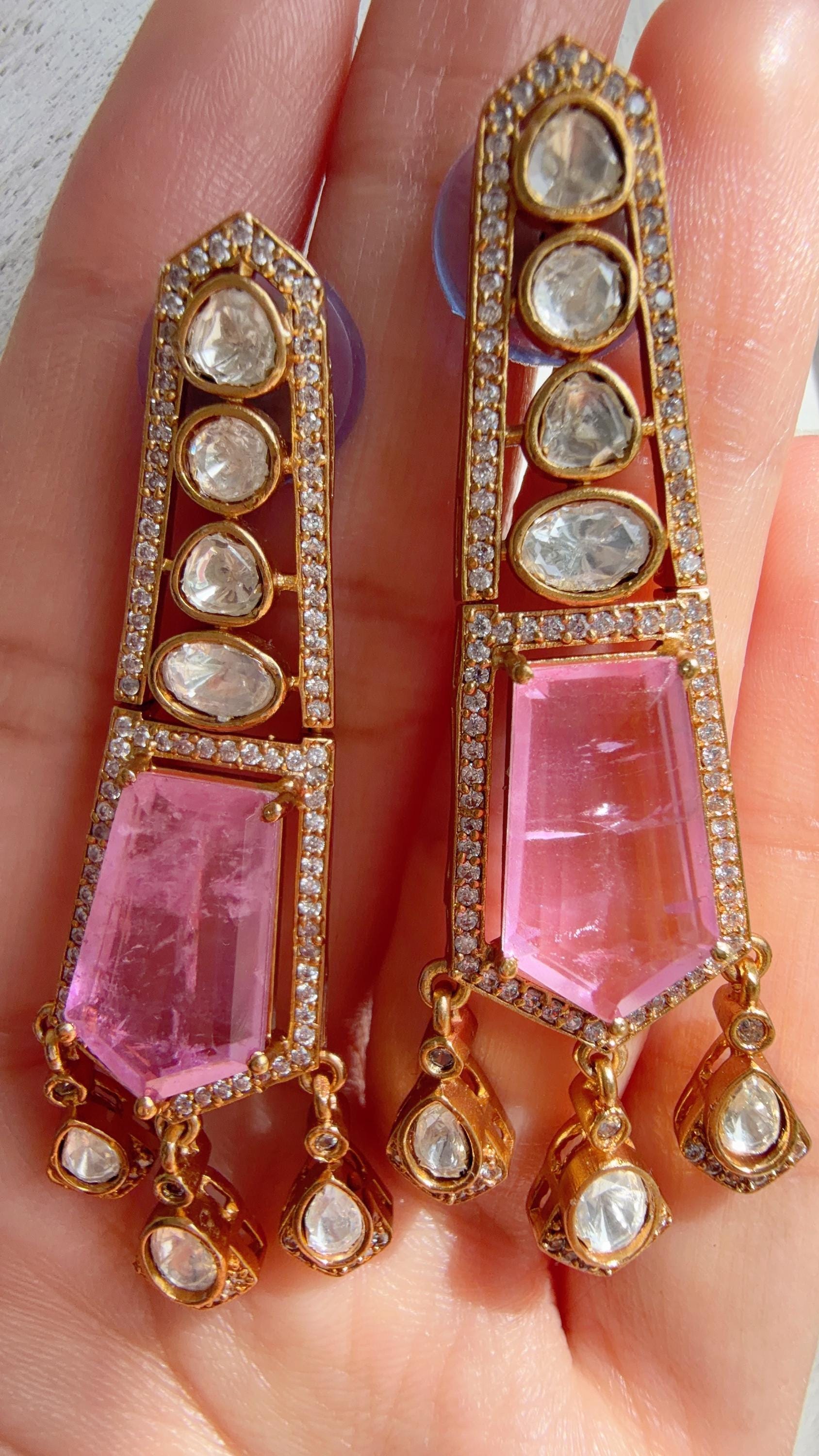 Moissanite Kundan Dangler Pink Earrings /American Diamond Doublet Earrings/Statement Danglers/Bridal Chandelier Earrings/Navi