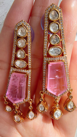 Moissanite Kundan Dangler Pink Earrings /American Diamond Doublet Earrings/Statement Danglers/Bridal Chandelier Earrings/Navi