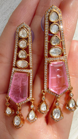 Moissanite Kundan Dangler Pink Earrings /American Diamond Doublet Earrings/Statement Danglers/Bridal Chandelier Earrings/Navi
