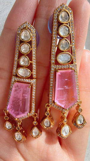 Moissanite Kundan Dangler Pink Earrings /American Diamond Doublet Earrings/Statement Danglers/Bridal Chandelier Earrings/Navi