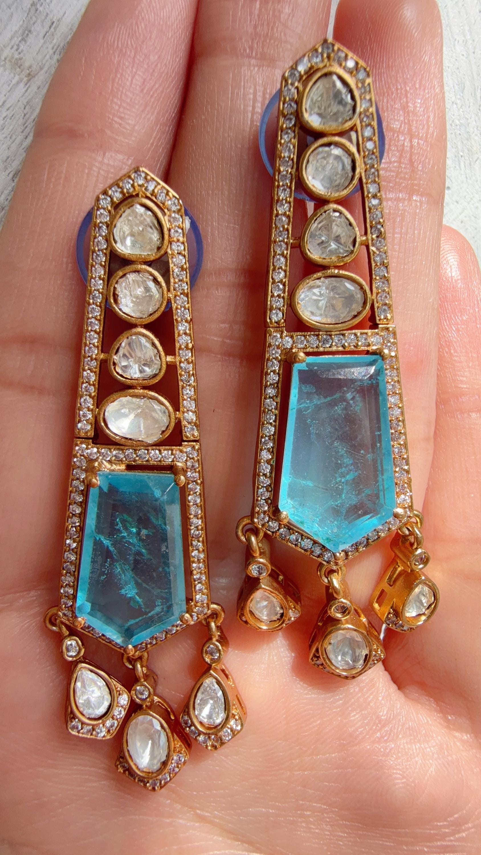 Moissanite Kundan Dangler Firoza Earrings /American Diamond Doublet Earrings/Statement Danglers/Bridal Chandelier Earrings/Navi