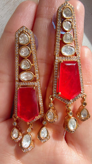 Moissanite Kundan Dangler Ruby Earrings /American Diamond Doublet Earrings/Statement Danglers/Bridal Chandelier Earrings/Navi