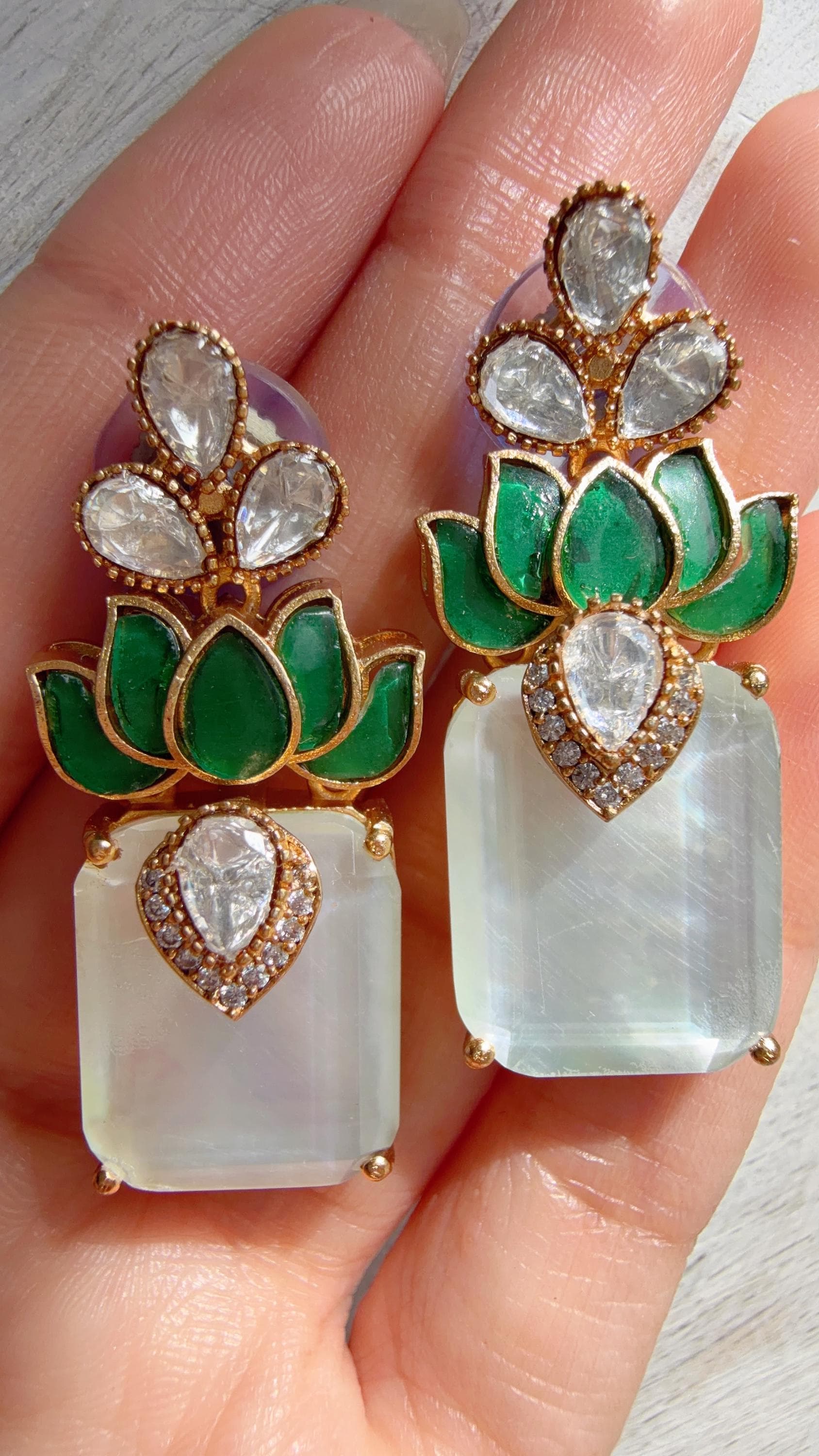 Lotus Diamond Doublet Dangler Earrings/American Diamond Earrings/Statement Danglers/Bridal Chandelier Earrings/Aish