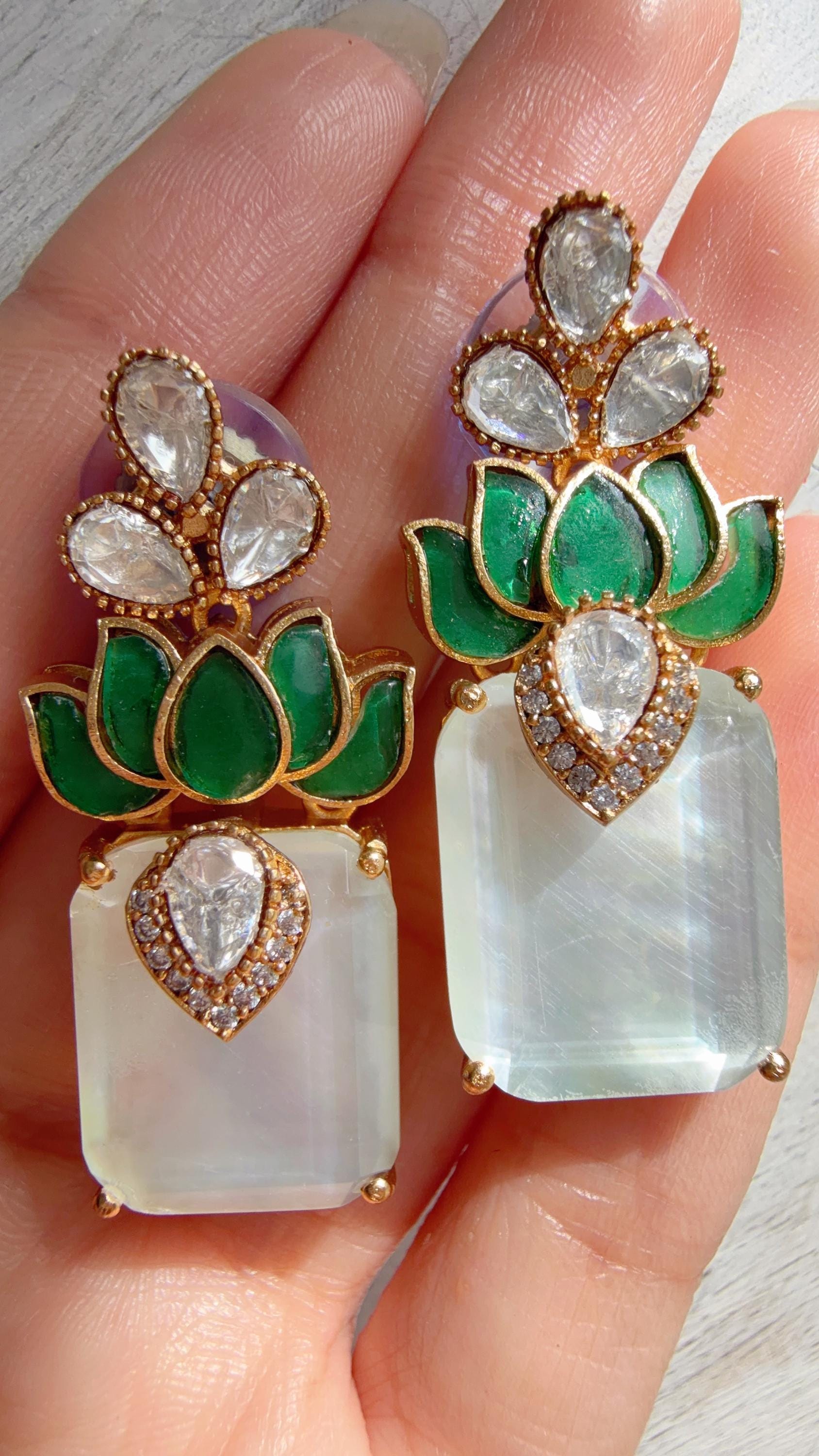Lotus Diamond Doublet Dangler Earrings/American Diamond Earrings/Statement Danglers/Bridal Chandelier Earrings/Aish